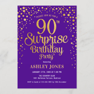 Invitación Surprise 90th Birthday Party - Purple & Gold