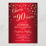 Invitación Surprise 90th Birthday Party - Red Gold<br><div class="desc">Sorpresa 90th Birthday Party Invitation Elegante diseño en rojo con falso oro purpurina. Presenta el tipo de letra del guión y el perfil. ¡Saludos a 90 años! Mándame un mensaje si necesitas una edad personalizado.</div>