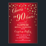 Invitación Surprise 90th Birthday Party - Red Gold<br><div class="desc">Sorpresa 90th Birthday Party Invitation Elegante diseño en rojo con falso oro purpurina. Presenta el tipo de letra del guión y el perfil. ¡Saludos a 90 años! Mándame un mensaje si necesitas una edad personalizado.</div>