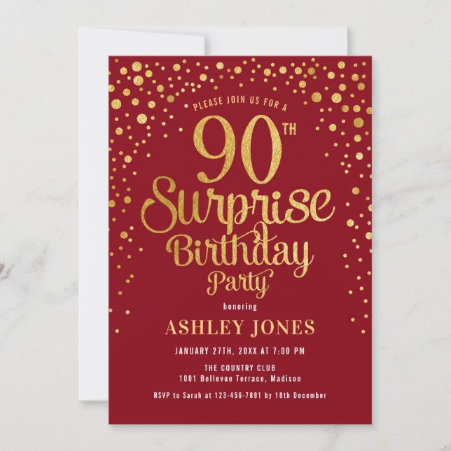 Invitación Surprise 90th Birthday Party - Red & Gold (Anverso)