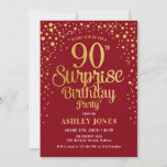 Invitación Surprise 90th Birthday Party - Red & Gold<br><div class="desc">Sorpresa 90.ª Invitación a la fiesta de cumpleaños. Elegante diseño de color rojo oscuro y falso oro purpurina. Presenta un diseño elegante de tipo de letra y letra de guión. Mándame un mensaje si necesitas edad personalizado.</div>