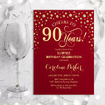 Invitación Surprise 90th Birthday Party - Red Gold<br><div class="desc">Sorpresa 90.ª Invitación a la fiesta de cumpleaños. Elegante diseño de color rojo oscuro y falso oro purpurina. Presenta el tipo de letra de guión y los diamantes confetti. ¡Saludos a 90 años! Mándame un mensaje si necesitas más personalización.</div>
