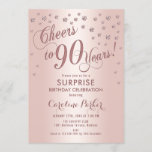 Invitación Surprise 90th Birthday Party - Rosa Gold<br><div class="desc">Sorpresa 90th Birthday Party Invitation Elegante diseño con falso oro rosa purpurina. Presenta el tipo de letra del guión y el perfil. ¡Saludos a 90 años! Mándame un mensaje si necesitas una edad personalizado.</div>