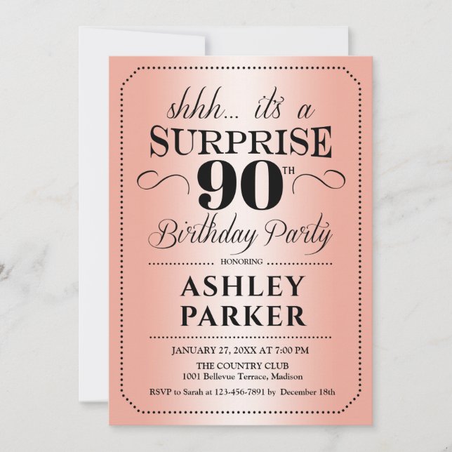 Invitación Surprise 90th Birthday Party - Rosa Gold (Anverso)