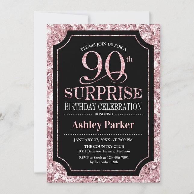 Invitación Surprise 90th Birthday Party - Rosa Gold Black (Anverso)