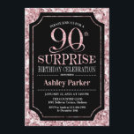 Invitación Surprise 90th Birthday Party - Rosa Gold Black<br><div class="desc">Invitación a la celebración de cumpleaños número 90 de sorpresa. Elegante diseño elegante en negro y rosa purpurina falso patrón oro. Presenta una fuente de script elegante. Mándame un mensaje si necesitas más personalización.</div>