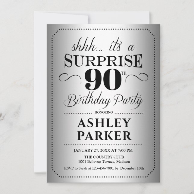 Invitación Surprise 90th Birthday Party - Silver (Anverso)
