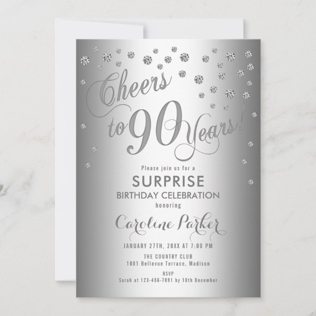 Invitación Surprise 90th Birthday Party - Silver (Anverso)