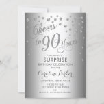 Invitación Surprise 90th Birthday Party - Silver<br><div class="desc">Sorpresa 90th Birthday Party Invitation Diseño elegante con una falsa plata purpurina. Presenta el tipo de letra del guión y el perfil. ¡Saludos a 90 años! Mándame un mensaje si necesitas una edad personalizado.</div>