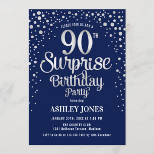 Invitación Surprise 90th Birthday Party - Silver & Navy Blue