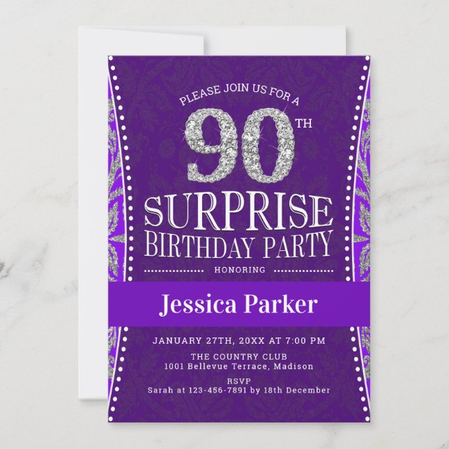 Invitación Surprise 90th Birthday Party - Silver Purple (Anverso)