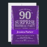 Invitación Surprise 90th Birthday Party - Silver Purple<br><div class="desc">Sorpresa 90 cumpleaños invitación para mujeres o hombres. Elegante diseño en falso purpurina plateado y morado. Presenta el tipo de letra del guión y el número de diamante. Perfecto para una elegante celebración de cumpleaños sorpresa.</div>