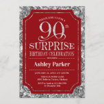 Invitación Surprise 90th Birthday Party - Silver Red<br><div class="desc">Invitación a la celebración de cumpleaños número 90 de sorpresa. Elegante diseño elegante en tonos rojos oscuros y purpurinas falsos de plata. Presenta una fuente de script elegante. Mándame un mensaje si necesitas más personalización.</div>