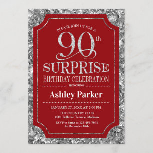 Invitación Surprise 90th Birthday Party - Silver Red