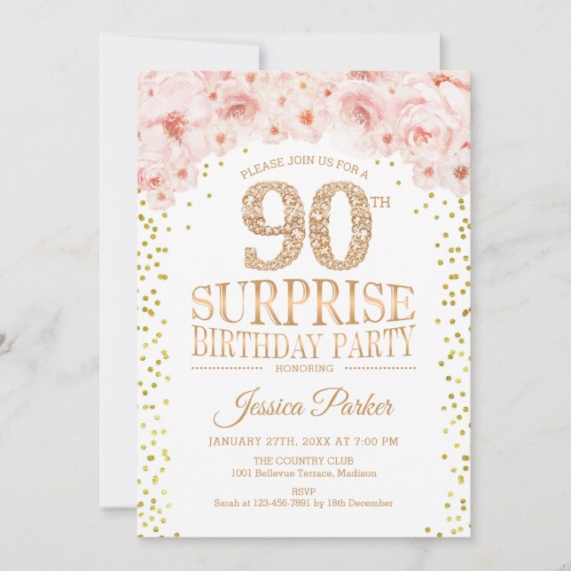 Invitación Surprise 90th Birthday Party - White Gold Pink (Anverso)