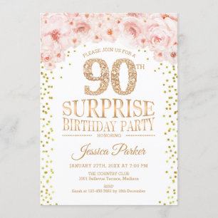 Invitación Surprise 90th Birthday Party - White Gold Pink