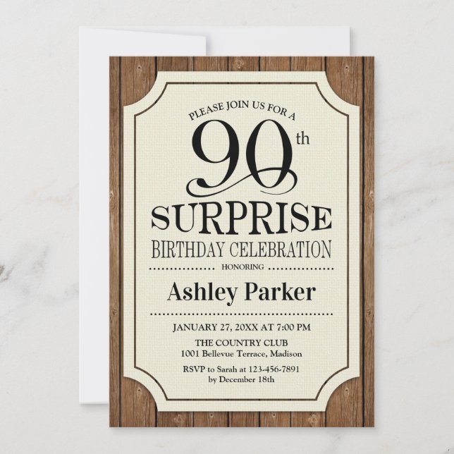 Invitación Surprise 90th Birthday Party Wood Pattern (Anverso)