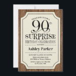 Invitación Surprise 90th Birthday Party Wood Pattern<br><div class="desc">Invitación a la celebración del 40 cumpleaños de Rustic Surprise. Diseño rústico con un patrón de madera marrón oscuro y fuente de escritura elegante. Presenta un elegante tipo de letra de guión negro. Mándame un mensaje si necesitas más personalización.</div>