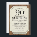 Invitación Surprise 90th Birthday Party Wood Pattern<br><div class="desc">Invitación a la celebración del 40 cumpleaños de Rustic Surprise. Diseño rústico con un patrón de madera marrón oscuro y fuente de escritura elegante. Presenta un elegante tipo de letra de guión negro. Mándame un mensaje si necesitas más personalización.</div>
