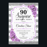 Invitación Surprise 90th Birthday - Púrpura Blanco Plateado<br><div class="desc">Sorpresa Invitación a Cumpleaños 90. Diseño de lavanda y blanco femenino con una falsa plata purpurina. Presenta rayas,  rosas púrpura pastel,  fuente de escritura y confeti. Perfecto para una elegante fiesta de cumpleaños. Se puede personalizar para mostrar cualquier edad. Mándame un mensaje si necesitas más personalización.</div>