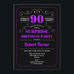 Invitación Surprise 90th Birthday - Púrpura Negro<br><div class="desc">Sorpresa Invitación a Cumpleaños 90. Elegante diseño de pizarra retro en blanco,  negro y violeta. ¡Saludos a 90 años! se puede personalizar para mostrar cualquier edad.</div>