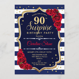 Invitación Surprise 90th Birthday - Rojo Blanco de la Marina