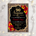 Invitación Surprise 90th Birthday - Rústicos girasoles<br><div class="desc">Sorpresa Invitación a Cumpleaños 90. Diseño femenino rústico, blanco, rojo y negro con el oro falso purpurina. Presenta un patrón de madera, rosas rojas, girasoles, fuente de escritura y confeti. Perfecto para una elegante fiesta de cumpleaños. Se puede personalizar para mostrar cualquier edad. Mándame un mensaje si necesitas más personalización....</div>