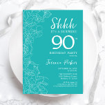 Invitación Surprise 90th Birthday - Turquoise floral<br><div class="desc">Invitación a los 90 Años Turquesa Floral Sorpresa. El diseño femenino moderno minimalista presenta acentos botánicos y tipografía. Sencilla tarjeta de invitación floral perfecta para una elegante celebración de cumpleaños sorpresa femenina.</div>
