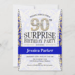 Invitación Surprise 90th Birthday - White Gold Royal Blue<br><div class="desc">Sorpresa 90 cumpleaños invitación para mujeres o hombres. Elegante diseño en falso oro purpurina,  blanco y azul real. Presenta el tipo de letra del guión y el número de diamante. Perfecto para una elegante celebración de cumpleaños sorpresa.</div>