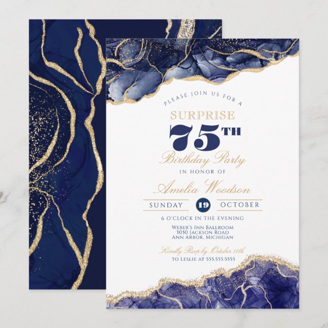 Invitación Surprise Adult 75th Birthday Elegant Navy Agate (Anverso / Reverso)