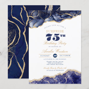 Invitación Surprise Adult 75th Birthday Elegant Navy Agate