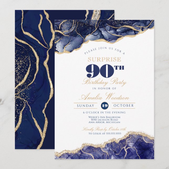 Invitación Surprise Adults Birthday Party Elegant Navy Agate (Anverso / Reverso)