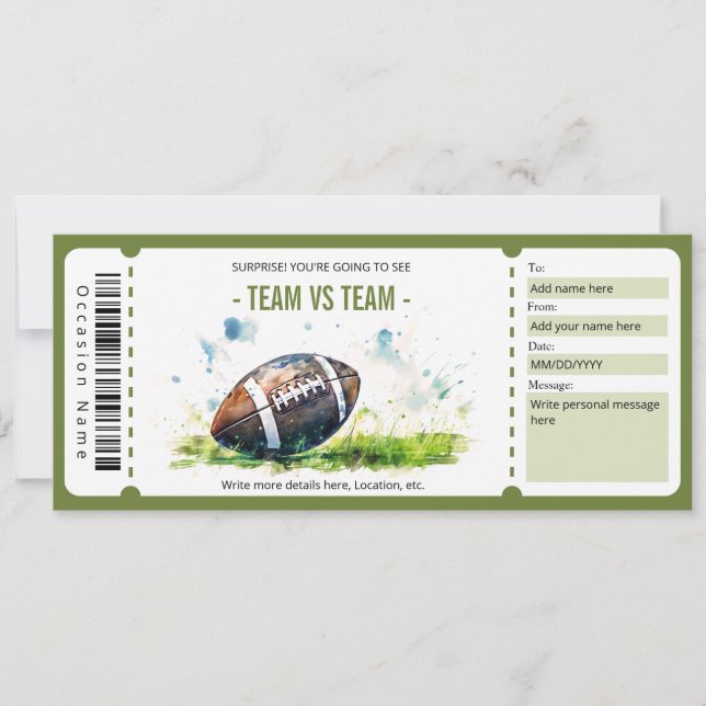 Invitación Surprise American Football Ticket Template (Anverso)