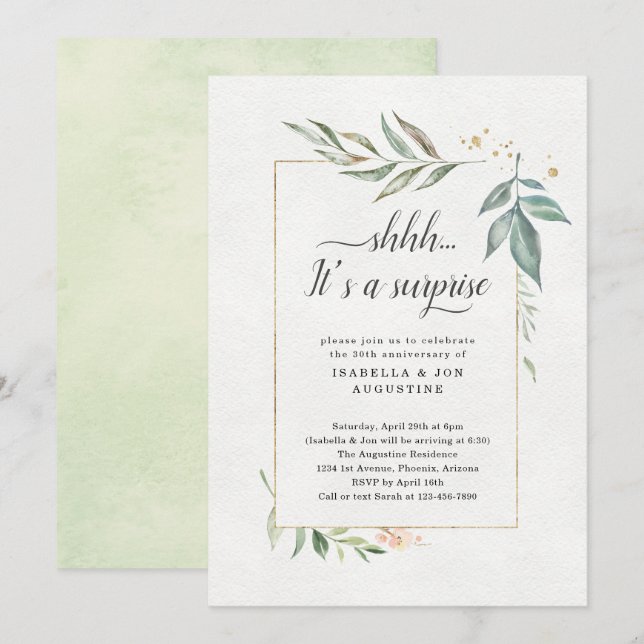 Invitación Surprise Aniversario Fiesta Watercolor Floral (Anverso / Reverso)