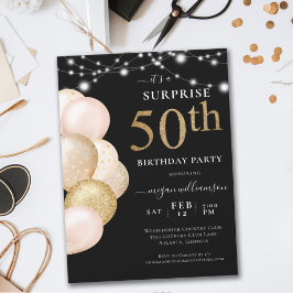 Invitación Surprise Balloon Black Gold 50 cumpleaños