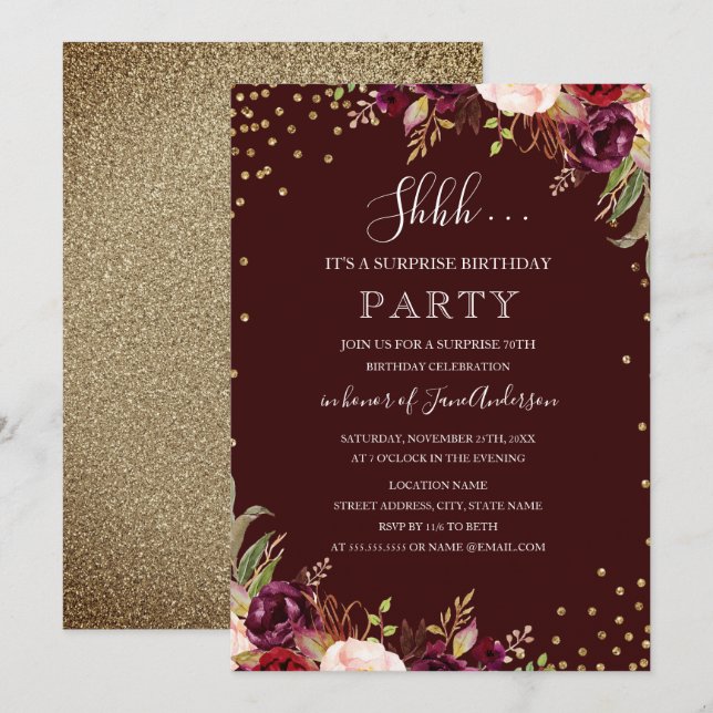 Invitación Surprise Birday Gold Confetti Burgundy Floral (Anverso / Reverso)