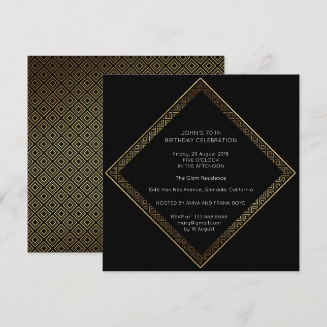 Invitación Surprise Birday Party Art Deco Geometric Gold (Anverso / Reverso)