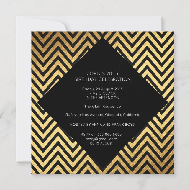 Invitación Surprise Birday Party Art Deco Geometric Gold (Anverso)