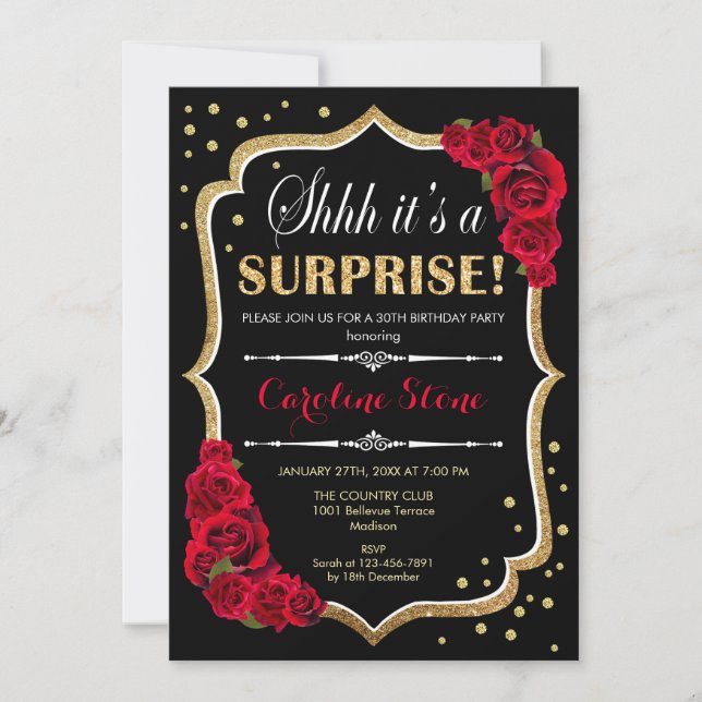 Invitación Surprise Birday Party - Black Gold Red Roses (Anverso)