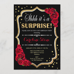 Invitación Surprise Birday Party - Black Gold Red Roses