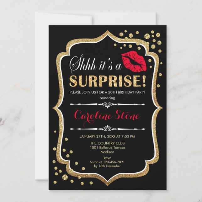 Invitación Surprise Birday Party - Black Red Gold (Anverso)
