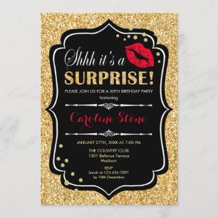 Invitación Surprise Birday Party - Black Red Gold