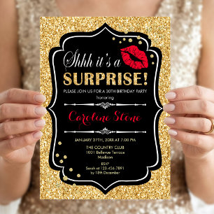 Invitación Surprise Birday Party - Black Red Gold