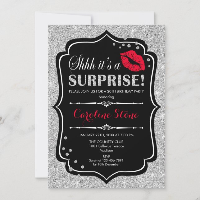 Invitación Surprise Birday Party - Black Red Silver (Anverso)