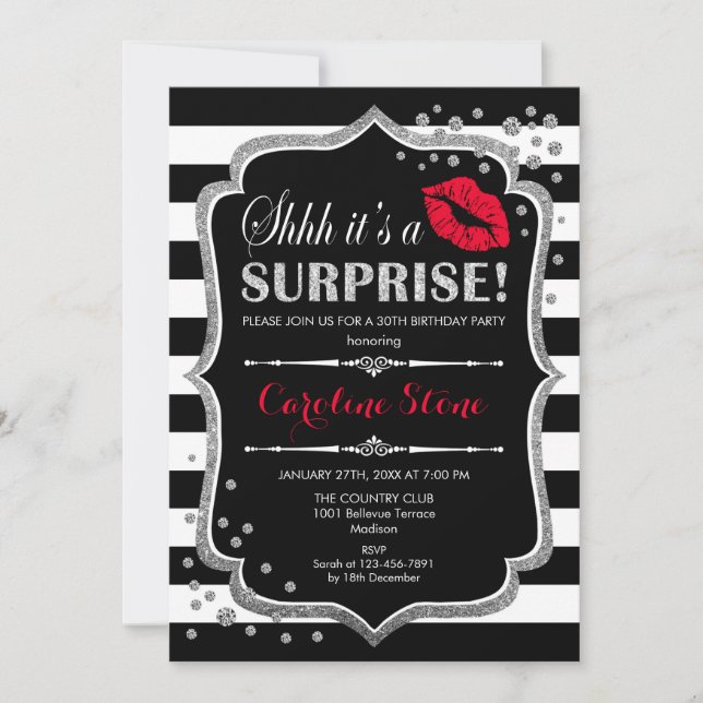 Invitación Surprise Birday Party - Black Red Silver (Anverso)