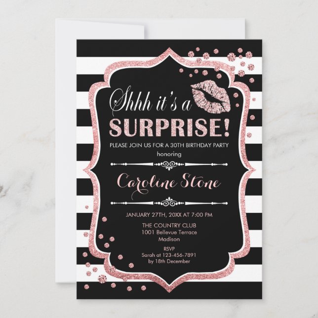 Invitación Surprise Birday Party - Black Rosa Gold (Anverso)