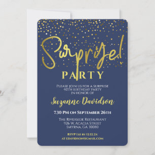 Invitación Surprise Birday Party Blue Gold Typography