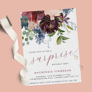 Invitación Surprise Birday Party Burgundy & Naval Floral