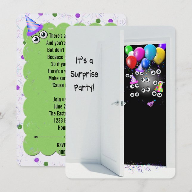 Invitación Surprise Birday Party detrás de puertas (Anverso / Reverso)