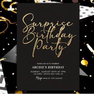 Invitación Surprise Birday Party Elegant Black & Gold